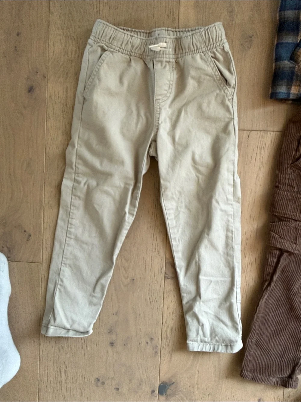 Kids Navy & Tan Plaid Shacket, Beige Chino Pants, Corduroy Cargos and Black Vest